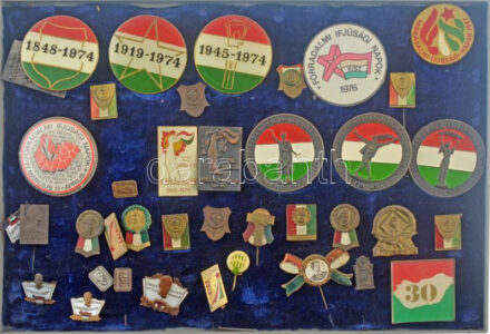 ~40 darabos vegyes jó állapotú magyar kitűző tétel, közte műgyantás és zománcozott darabokkal, műanyag tálcán ~40 pieces mixed hungarian resin and enamelled pin lot in plastic tray