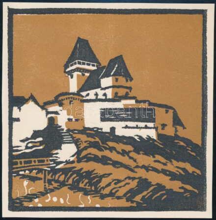 Kós Károly (1883-1977): Városháza. Linómetszet, papír, jelzett a dúcon, körbevágott, kopott,10,5×10,5 cm