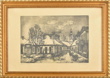 Bordás Ferenc (1911-1982): Óbuda, főtér. Rézkarc, papír, jelzett, 29×39,5 cm. Dekoratív, üvegezett fakeretben.