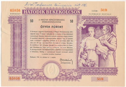Budapest 1955. 'Hatodik Békekölcsön' nyereménykölcsön kötvény 50Ft-ról, szárazpecséttel T:II gemkapocs és tűzőgép ly.