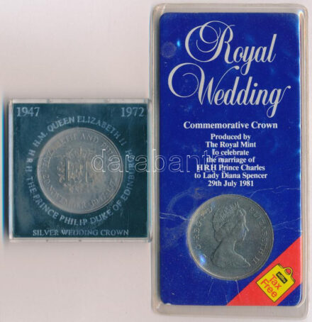 Nagy-Britannia 1972. 25p (1C) Cu-Ni 'II. Erzsébet és Fülöp herceg 25. házassági évfordulója' eredeti műanyag tokban + 1981. 25p (1C) Cu-Ni 'Károly és Diana esküvője' díszkarton lapon T:1,1- Great Britain 1972. 25p (1 Crown) Cu-Ni