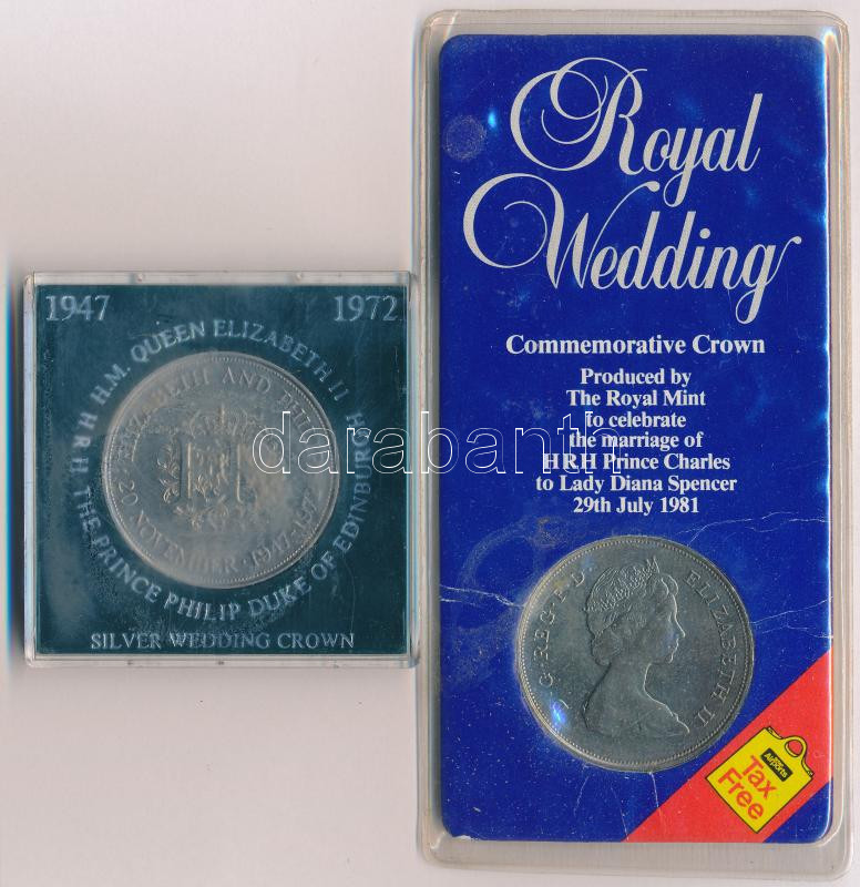 Nagy-Britannia 1972. 25p (1C) Cu-Ni 'II. Erzsébet és Fülöp herceg 25. házassági évfordulója' eredeti műanyag tokban + 1981. 25p (1C) Cu-Ni 'Károly és Diana esküvője' díszkarton lapon T:1,1- Great Britain 1972. 25p (1 Crown) Cu-Ni