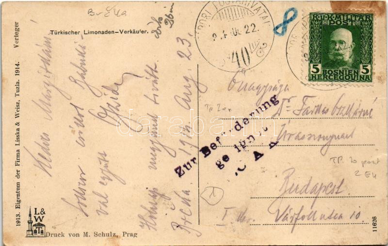 1914 Türkischer Limonaden Verkäufer / Török limonádé árus / Turkish lemonade seller + 'TÁBORI POSTAHIVATAL 40.' (fl) - Image 2