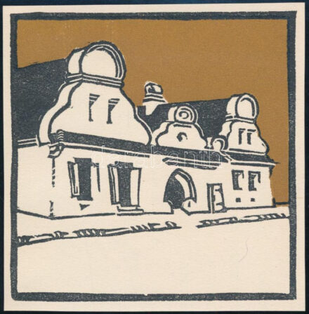 Kós Károly (1883-1977): Ház. Linómetszet, papír, jelzett a dúcon, körbevágott, kopott, 10,5×10,5 cm