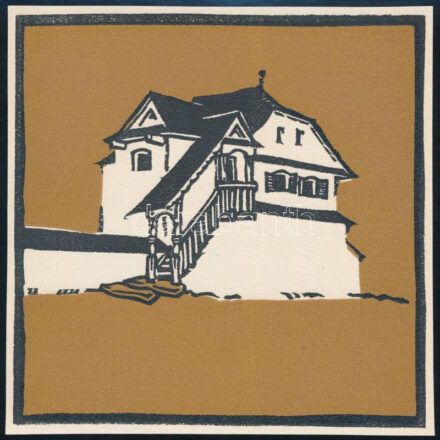 Kós Károly (1883-1977): Udvarház. Linómetszet, papír, jelzett a dúcon, körbevágott, kopott, 11x11 cm