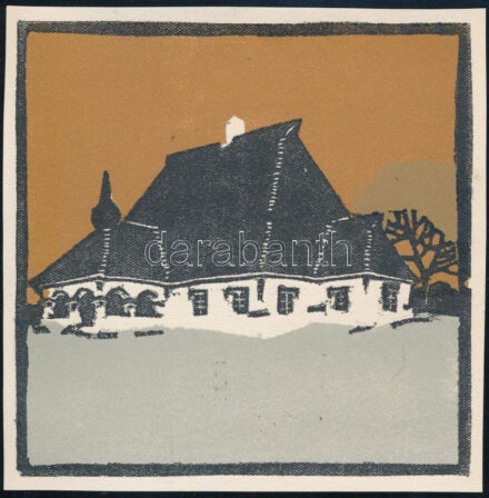 Kós Károly (1883-1977): Udvarház. Linómetszet, papír, jelzett a dúcon, körbevágott, kopott, 11x11 cm
