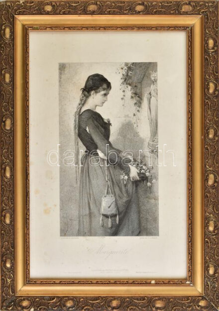 Charles Alphonse Deblois (1822-1883) metszése, Jean Baptiste Bertrand (1823-1887) után: Marguerite. Rézkarc, papír, jelzett a karcon, foltos, szakadással. 31×18 cm. Dekoratív, üvegezett, sérült fakeretben.
