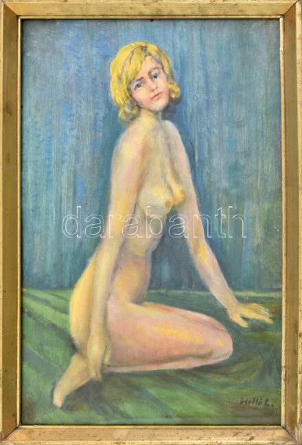 Holló L jelzéssel: Női akt. Olaj, karton. Üvegezett, kissé sérült fakeretben. 50x35 cm