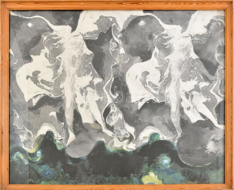 Gulyás Dénes (1927-2003): Daidalosz és Ikarosz. Monotípia, selyem, jelezve jobbra lent, üvegezett fakeretben, 50×60 cm