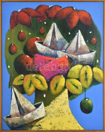 Olmedo Quimbita (1965-), ecuadori festő: Borritas de Papel. Olaj, kollázs, vászon, jelzett, a hátoldalán autográf felirattal, fakeretben, 90×70 cm / Olmedo Quimbita (1965-), Ecuadorian painter: Borritas de Papel. Oil and collage on canvas,