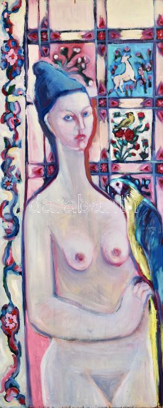 Darmó Éva (1980-): Akt kisasszony kert mintás szőnyeg előtt. Olaj, rétegelt falemez, jelzett a hátoldalán, 105x45 cm. KIZÁRÓLAG SZEMÉLYES ÁTVÉTEL, NEM POSTÁZZUK! / ONLY PERSONAL COLLECTION AT OUR OFFICE!