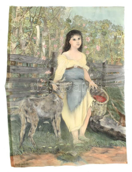 Krutsay Gizella (?-): Lány kecskével, Kassa, 1914. Akvarell, selyem, jelzett, 48x34,5 cm.