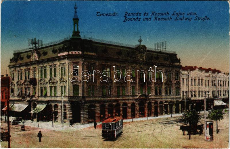 Temesvár, Timisoara; Bonnáz és Kossuth Lajos utca, villamos / street, tram