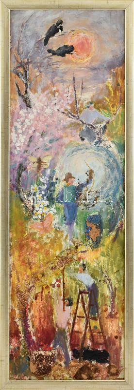 Jelzés nélkül: Kertben. Vegyes technika, farost. Dekoratív fakeretben. 86x28 cm.