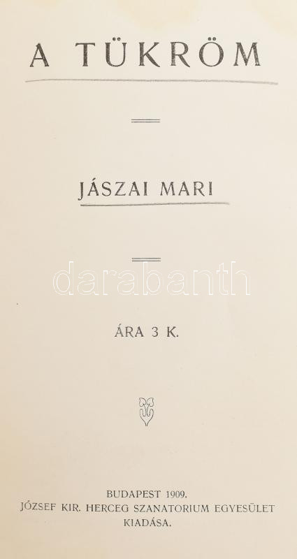 Jászai Mari: A tükröm. Bp., 1909., József Kir. Herceg Szanatórium Egyesület, (Székesfehérvár, Számmer Imre-ny.), 4+245 p. Egyetlen kiadás. Átkötött félvászon-kötésben.