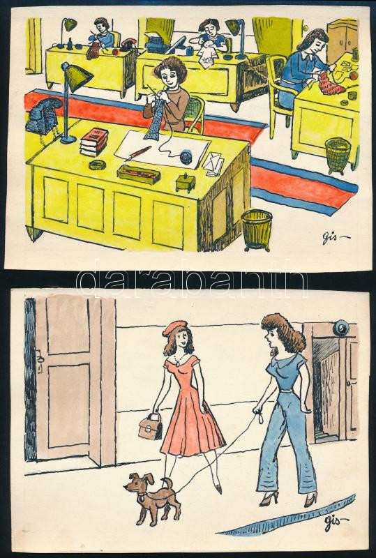 Szegő Gizi (Gis), (1902-1985): Ludas Matyiban megjelent grafikák, karikatúrák vázlatai. 10 db. Vegyes technika, papír, összes jelzett. Hátoldalán 'Ludas Matyi Szerkesztősége' vagy 'Ludas Magazin' bélyegzővel. 15x19 cm körüli