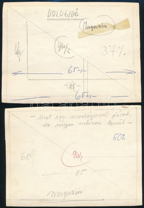 Szegő Gizi (Gis), (1902-1985): Ludas Matyiban megjelent grafikák, karikatúrák vázlatai. 10 db. Vegyes technika, papír, összes jelzett. Hátoldalán 'Ludas Matyi Szerkesztősége' vagy 'Ludas Magazin' bélyegzővel. 15x19 cm körüli - Image 2