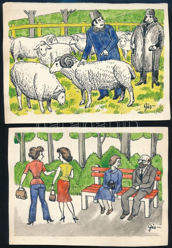 Szegő Gizi (Gis), (1902-1985): Ludas Matyiban megjelent grafikák, karikatúrák vázlatai. 10 db. Vegyes technika, papír, összes jelzett. Hátoldalán 'Ludas Matyi Szerkesztősége' vagy 'Ludas Magazin' bélyegzővel. 15x19 cm körüli - Image 3