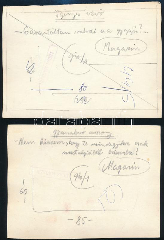 Szegő Gizi (Gis), (1902-1985): Ludas Matyiban megjelent grafikák, karikatúrák vázlatai. 10 db. Vegyes technika, papír, összes jelzett. Hátoldalán 'Ludas Matyi Szerkesztősége' vagy 'Ludas Magazin' bélyegzővel. 15x19 cm körüli - Image 4