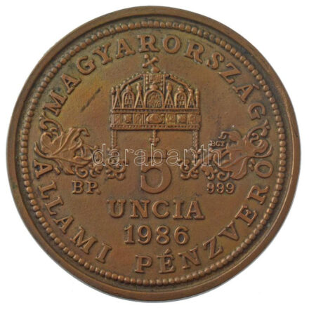 Bognár György (1944-) 1986. 'Magyarország - Állami Pénzverő - 5 uncia 1986' egyoldalas, öntött bronz nagyminta (140mm) T:1-