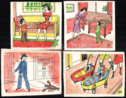 Szegő Gizi (Gis), (1902-1985): Ludas Matyiban megjelent grafikák, karikatúrák vázlatai. 12 db. Vegyes technika, papír, összes jelzett. Egy kivételével mindegyik hátoldalán 'Ludas Matyi Szerkesztősége' vagy 'Ludas Magazin'