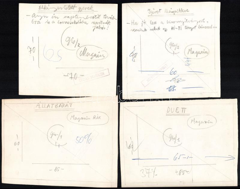 Szegő Gizi (Gis), (1902-1985): Ludas Matyiban megjelent grafikák, karikatúrák vázlatai. 12 db. Vegyes technika, papír, összes jelzett. Egy kivételével mindegyik hátoldalán 'Ludas Matyi Szerkesztősége' vagy 'Ludas Magazin' - Image 2