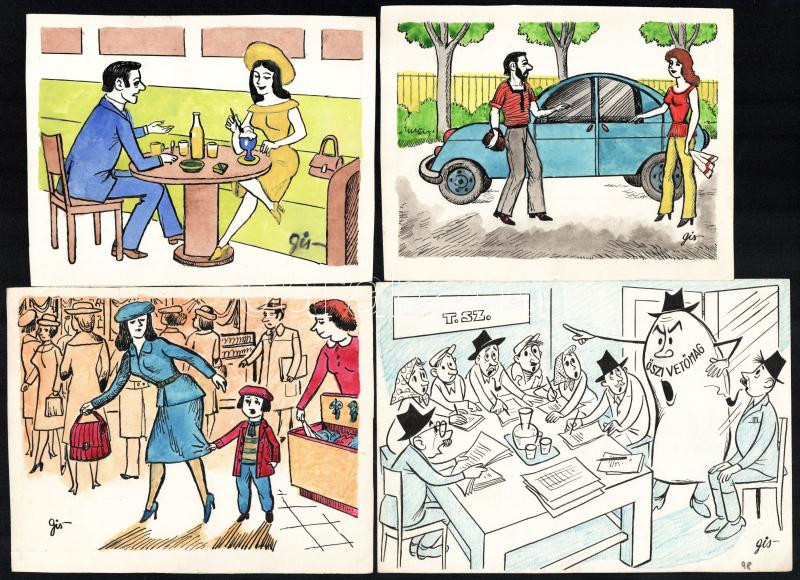 Szegő Gizi (Gis), (1902-1985): Ludas Matyiban megjelent grafikák, karikatúrák vázlatai. 12 db. Vegyes technika, papír, összes jelzett. Egy kivételével mindegyik hátoldalán 'Ludas Matyi Szerkesztősége' vagy 'Ludas Magazin' - Image 3