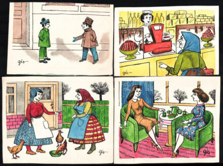 Szegő Gizi (Gis), (1902-1985): Ludas Matyiban megjelent grafikák, karikatúrák vázlatai. 14 db. Vegyes technika, papír, összes jelzett. Többségének hátoldalán 'Ludas Matyi Szerkesztősége' vagy 'Ludas Magazin' bélyegzővel. 11,5x10,5