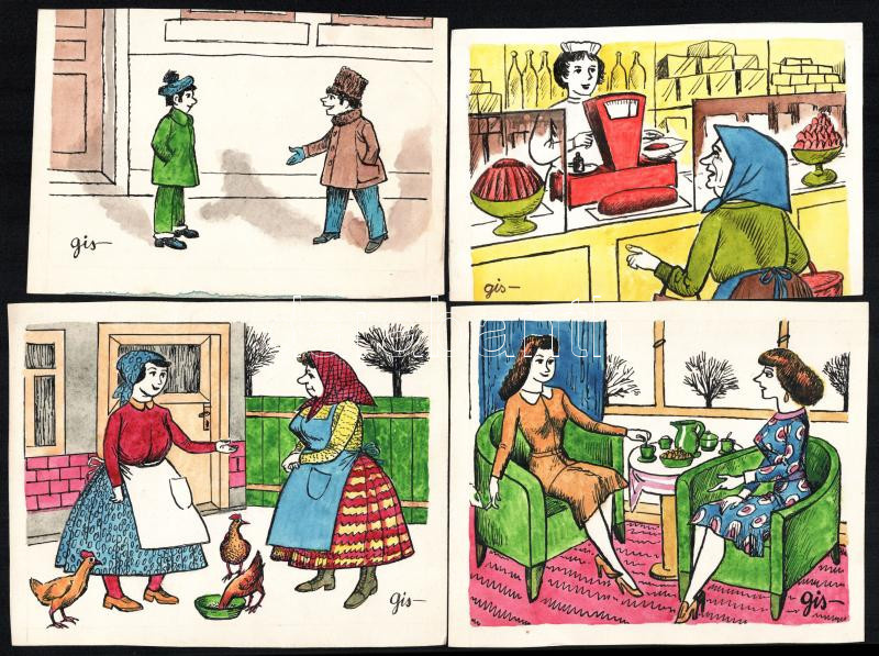 Szegő Gizi (Gis), (1902-1985): Ludas Matyiban megjelent grafikák, karikatúrák vázlatai. 14 db. Vegyes technika, papír, összes jelzett. Többségének hátoldalán 'Ludas Matyi Szerkesztősége' vagy 'Ludas Magazin' bélyegzővel. 11,5x10,5