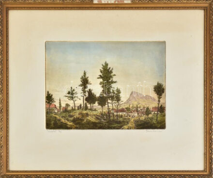 Gross Arnold (1929-2015): Toroczkói (Torockói) táj. Színezett rézkarc, papír, jelzett. Üvegezett, sérült fakeretben. 21x29 cm