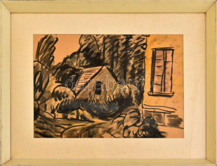 Nyergesi János (1923-1996): Kert (Táj V.). Tus, papír, jelzés nélkül, hátoldalán Képcsarnok Vállalat címkéivel, üvegezett fakeretben. 28x41 cm