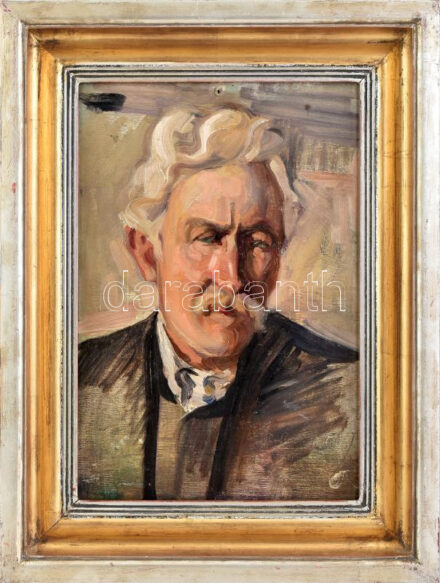 Olvashatatlan jelzéssel (jobbra lent): Férfi portré, 1914. Olaj, karton. Hátoldalán Rippl-Rónai Ödön, Somogyvármegyei Múzeum Egyesület raglapjával, Szépművészeti Múzeum 137/88 sz. bírálati címkéjével. Dekoratív fakeretben,