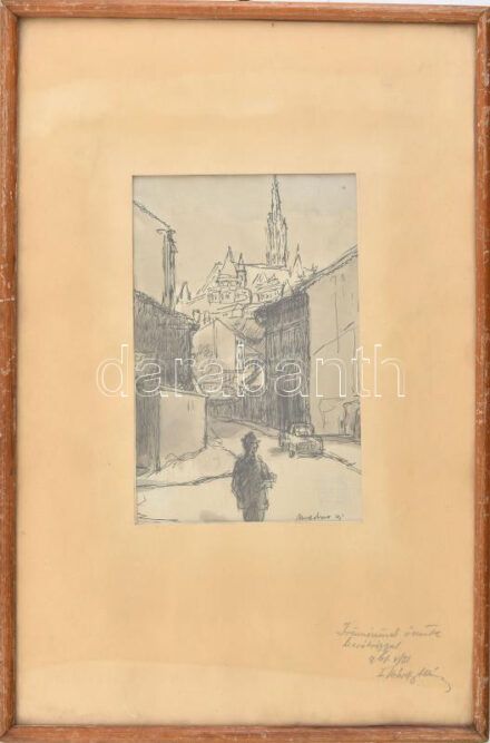 Olvashatatlan (Medve?) jelzéssel: Budai utcarészlet, háttérben a Halászbástyával. Tus, papír. Üvegezett fakeretben, 19x12,5 cm