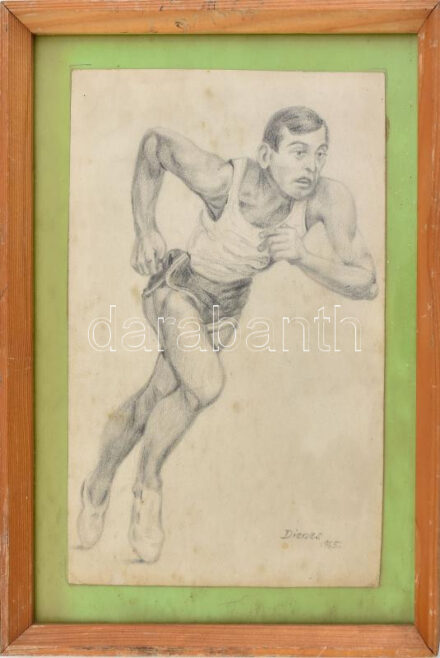 Dienes jelzéssel: Atléta. Ceruza, papír. Kissé foltos. Üvegezett fakeretben, 24,5×16 cm
