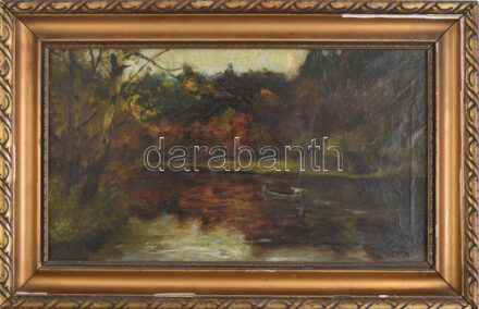 Nagy jelzéssel: Csónakázó. Olaj, vászon. Dekoratív, sérült fakeretben, 20×34,5 cm