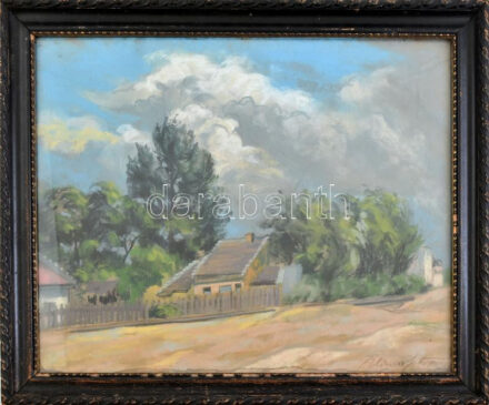 Klimó István (1883-1961): Utcarészlet. Pasztell, papír, jelezve jobbra lent. Dekoratív, üvegezett, sérült fakeretben, 40×50 cm