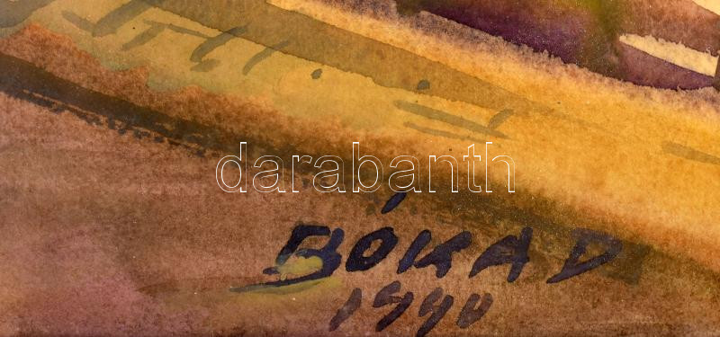 Bóka Dezső (1935-): Karádi templom, 1990. Akvarell, papír, jelzett. Hátoldalán címkén a művész bélyegzőjével és felirattal. Üvegezett, dekoratív fakeretben, 40x66 cm. - Image 2