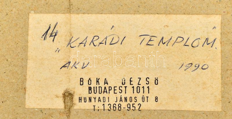 Bóka Dezső (1935-): Karádi templom, 1990. Akvarell, papír, jelzett. Hátoldalán címkén a művész bélyegzőjével és felirattal. Üvegezett, dekoratív fakeretben, 40x66 cm. - Image 3