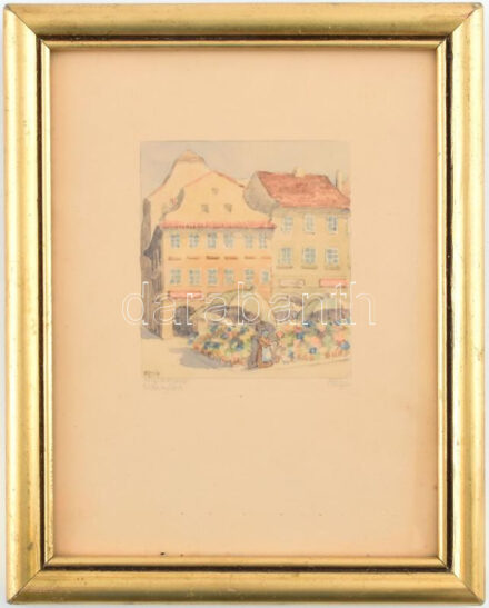 Olvashatatlan (Feli?) jelzéssel: Piac. Akvarell, papír. Üvegezett, dekoratív fakeretben, 8x7 cm.