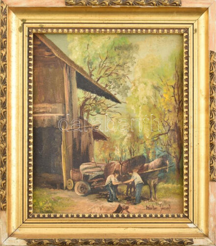 Márton József (1950-2003): Kovácsok. Olaj, préselt lemez, jelzett, hátoldalán címkén feliratozott. Dekoratív, sérült fakeretben, 30x25 cm.
