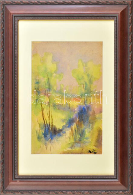 Olvashatatlan jelzéssel: Színes táj. Akvarell, papír, 27x18,5 cm. Dekoratív, üvegezett fakeretben.