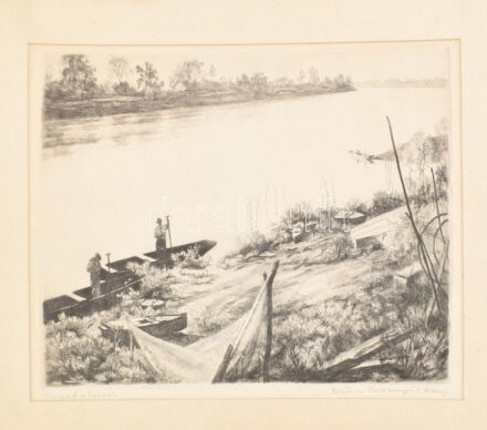 Csáki-Maronyák József (1910-2002): Varsahalászok. Rézkarc, papír, jelzett, paszpartuban, 28×39 cm