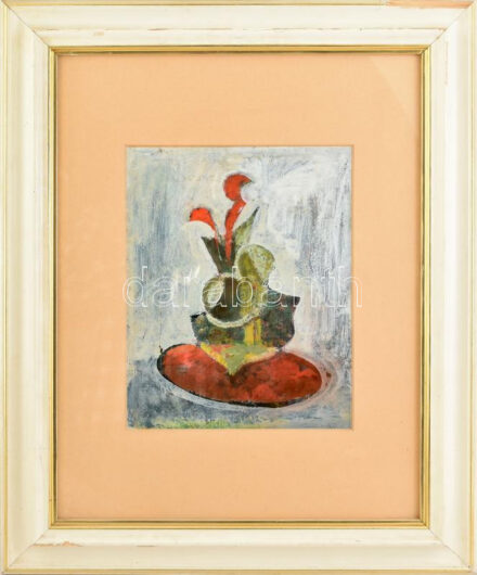 Barta István (1892-1976): Absztrakt kompozíció. Olaj, vászon, jelezve jobbra lent, sérült. Üvegezett, sérült fakeretben. 33,5x26 cm