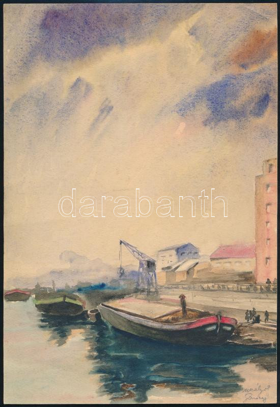 Olvashatatlan jelzéssel: Uszályok. Akvarell, papír, 27,5×19 cm.