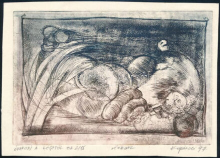 Kopándi István (1968-): Óvakodj a légytől, 1997. Színes rézkarc, papír. Jelzett. Művészpédány ea 2/15 számozással. 10x15 cm