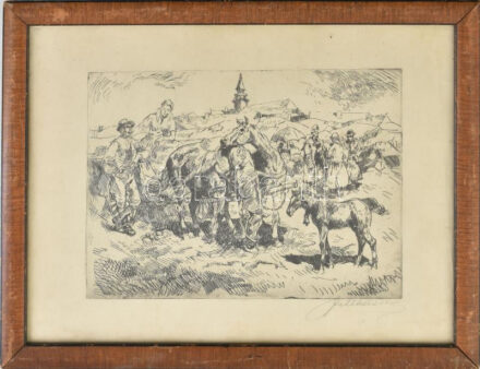 Olvashatatlan jelzéssel: Vásár. Rézkarc, papír, jelzett, üvegezett fakeretben, 17,5×24 cm.