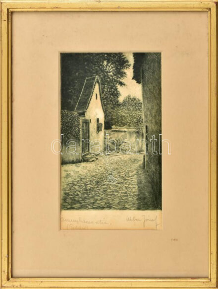 Weber József (?-?): Aranykacsa utca, Tabán. Rézkarc, papír, jelzett, üvegezett fakeretben, 22,5×14,5 cm.