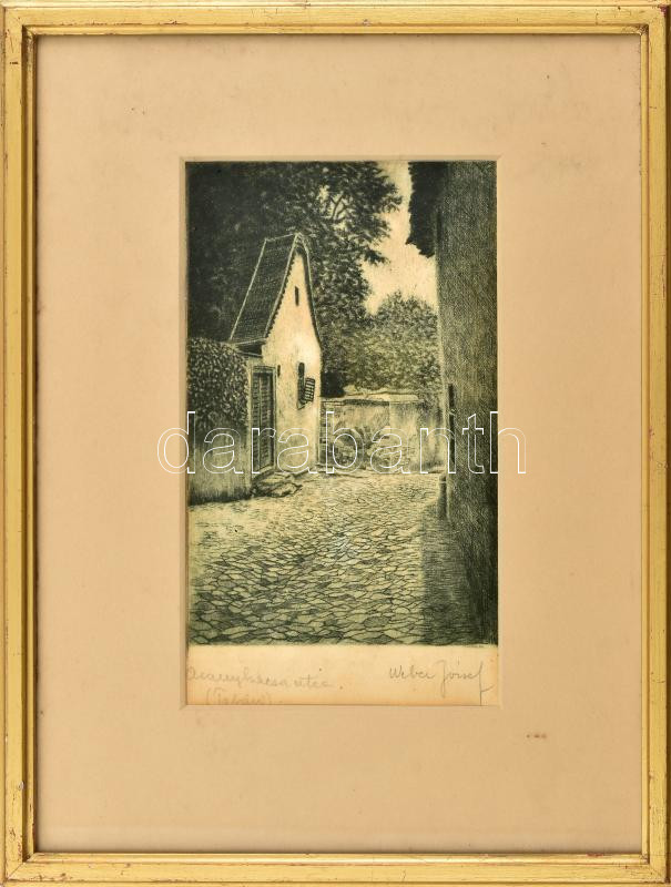 Weber József (?-?): Aranykacsa utca, Tabán. Rézkarc, papír, jelzett, üvegezett fakeretben, 22,5×14,5 cm.