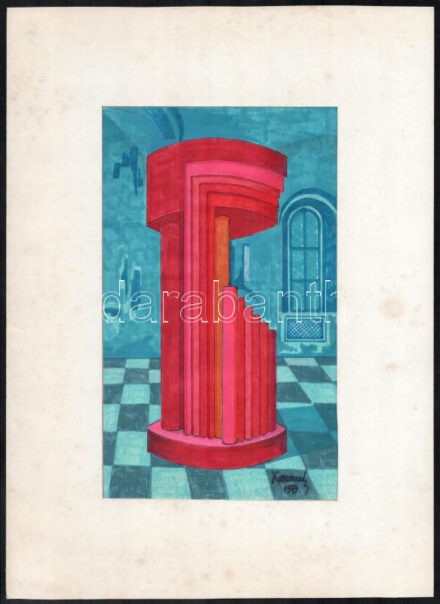 Koppány Frigyes (?-?): 'Múzeum?'. Vegyes technika, papír, jelzett a hátoldalán. Paszpartuban. 25x15 cm