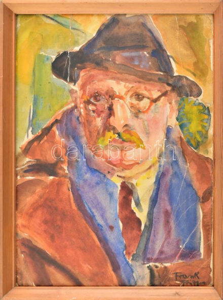 Frank Frigyes (1890-1976): Kalapos önarckép. Akvarell, papír, jelzett, sérült. Üvegezett fakeretben, 42×31 cm